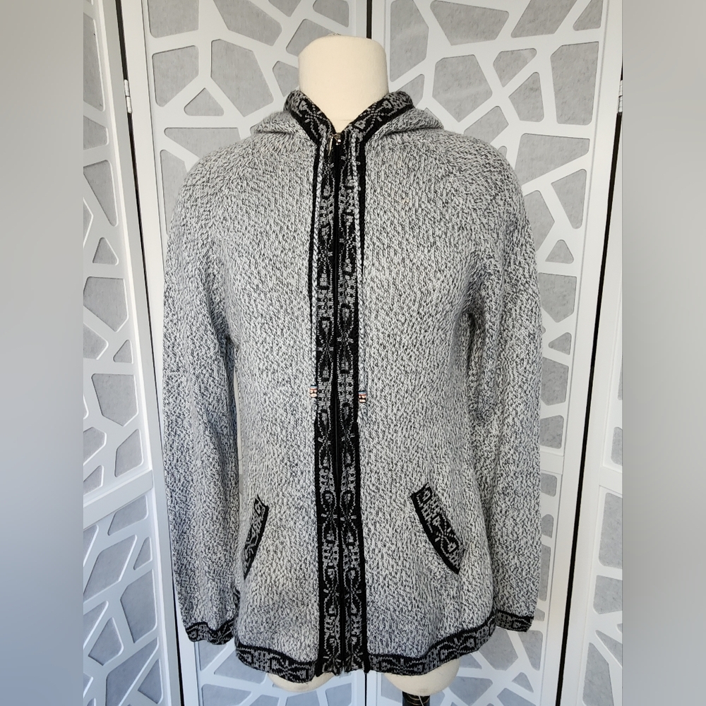 Alpaca zip-up sweater jacket with hood. Gray and black. Women's Large.
